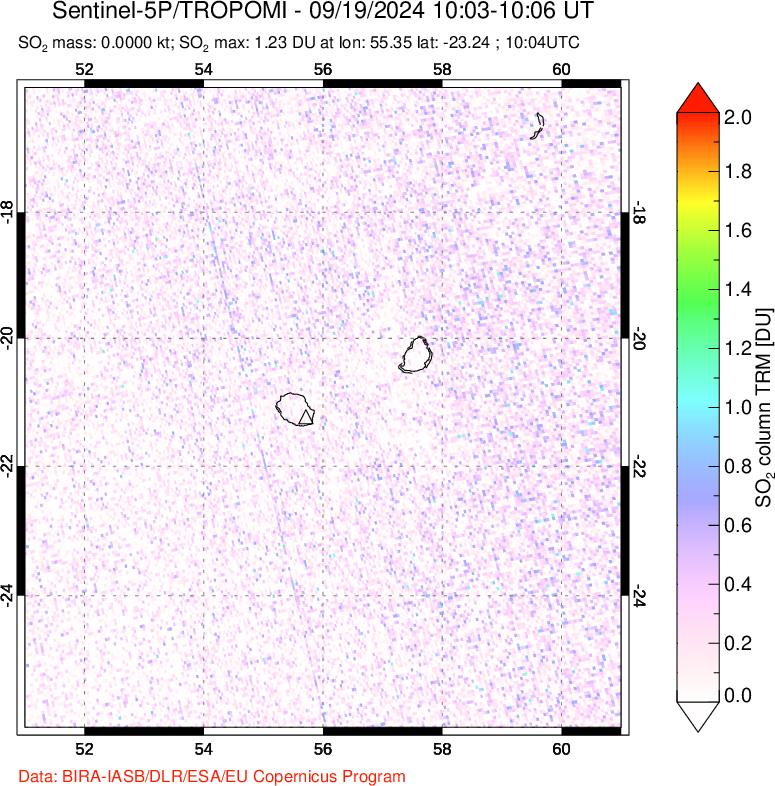 A sulfur dioxide image over Reunion Island, Indian Ocean on Sep 19, 2024.