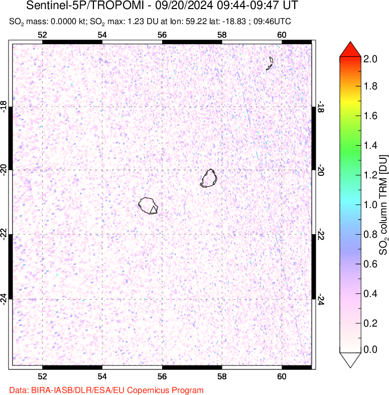 A sulfur dioxide image over Reunion Island, Indian Ocean on Sep 20, 2024.