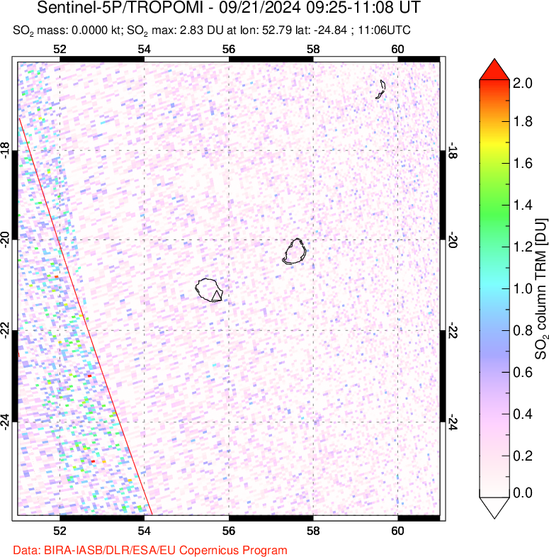 A sulfur dioxide image over Reunion Island, Indian Ocean on Sep 21, 2024.