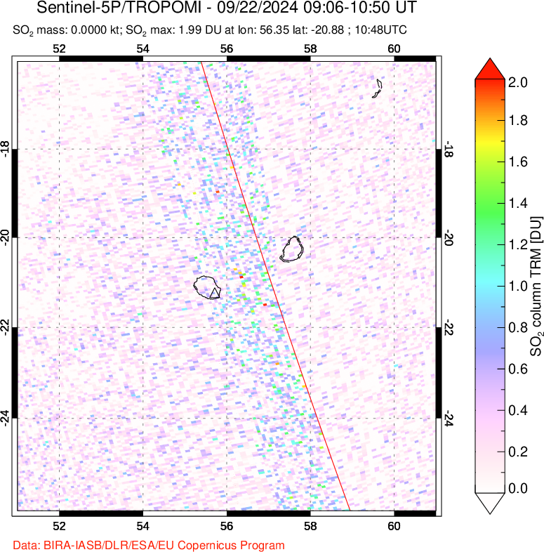 A sulfur dioxide image over Reunion Island, Indian Ocean on Sep 22, 2024.