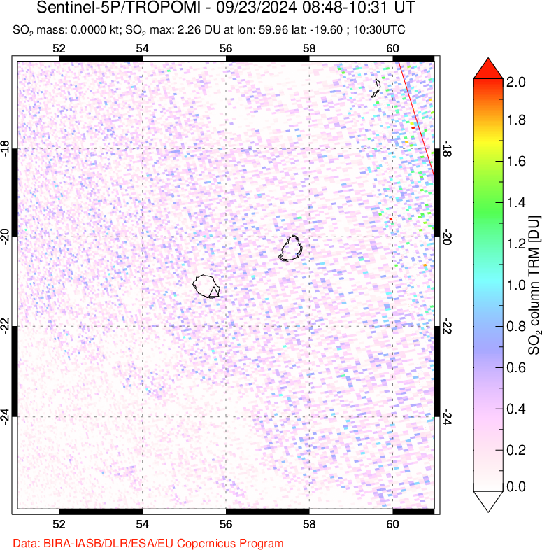 A sulfur dioxide image over Reunion Island, Indian Ocean on Sep 23, 2024.