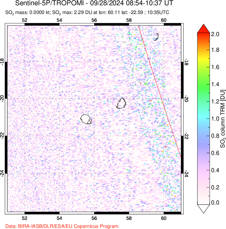 A sulfur dioxide image over Reunion Island, Indian Ocean on Sep 28, 2024.