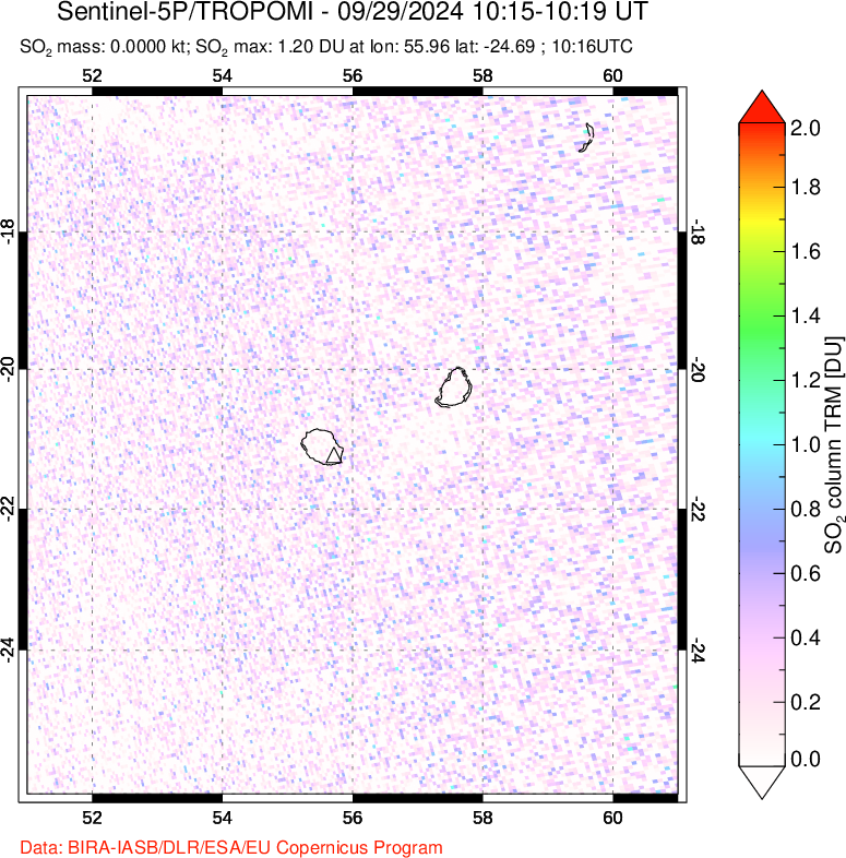 A sulfur dioxide image over Reunion Island, Indian Ocean on Sep 29, 2024.