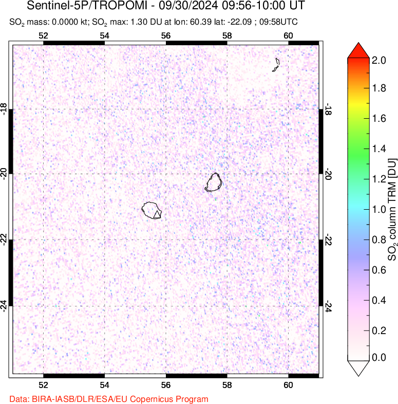 A sulfur dioxide image over Reunion Island, Indian Ocean on Sep 30, 2024.