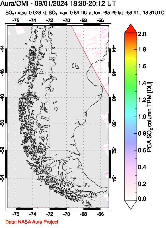 A sulfur dioxide image over Southern Chile on Sep 01, 2024.