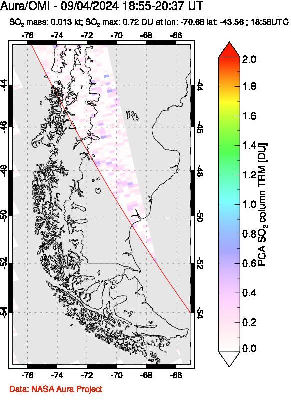 A sulfur dioxide image over Southern Chile on Sep 04, 2024.