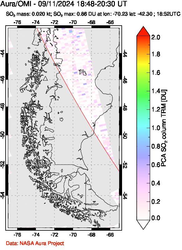 A sulfur dioxide image over Southern Chile on Sep 11, 2024.