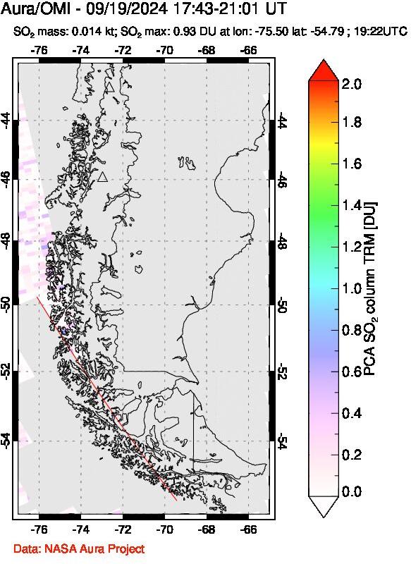 A sulfur dioxide image over Southern Chile on Sep 19, 2024.