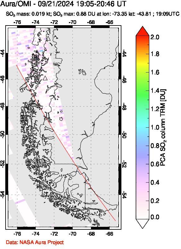 A sulfur dioxide image over Southern Chile on Sep 21, 2024.