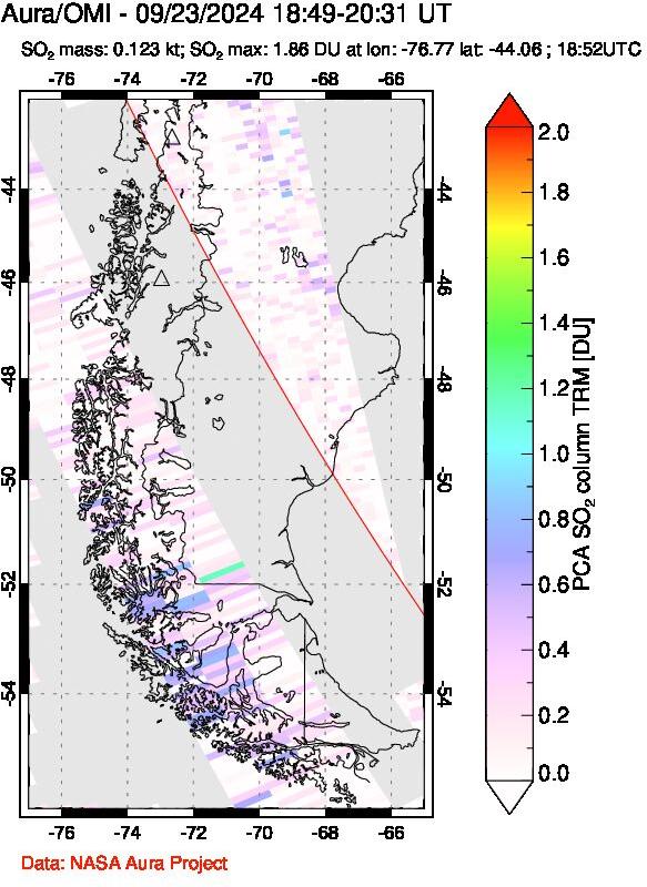 A sulfur dioxide image over Southern Chile on Sep 23, 2024.