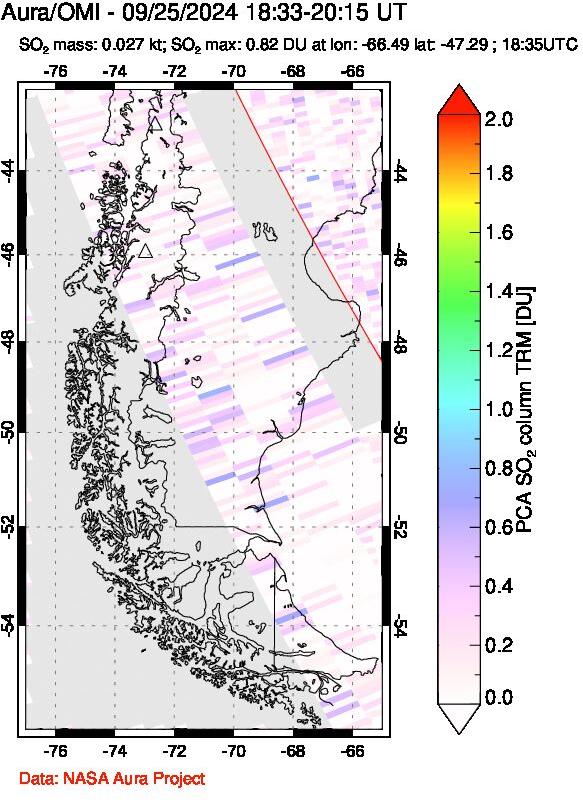 A sulfur dioxide image over Southern Chile on Sep 25, 2024.