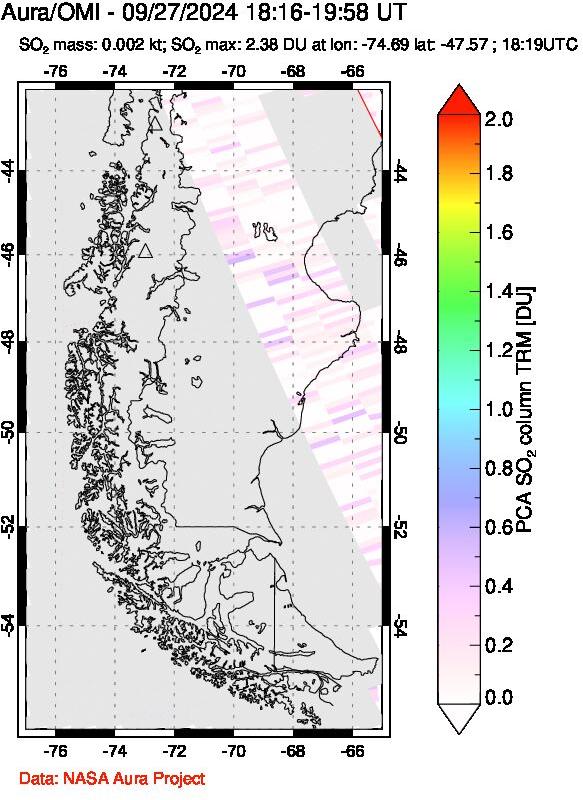 A sulfur dioxide image over Southern Chile on Sep 27, 2024.