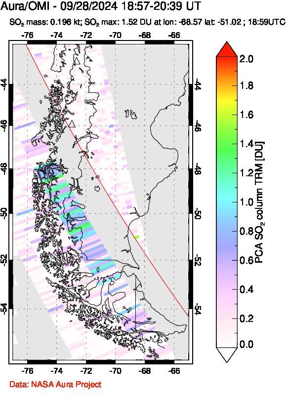 A sulfur dioxide image over Southern Chile on Sep 28, 2024.