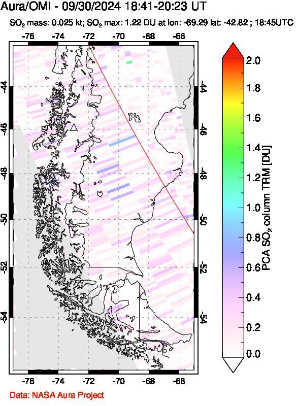 A sulfur dioxide image over Southern Chile on Sep 30, 2024.