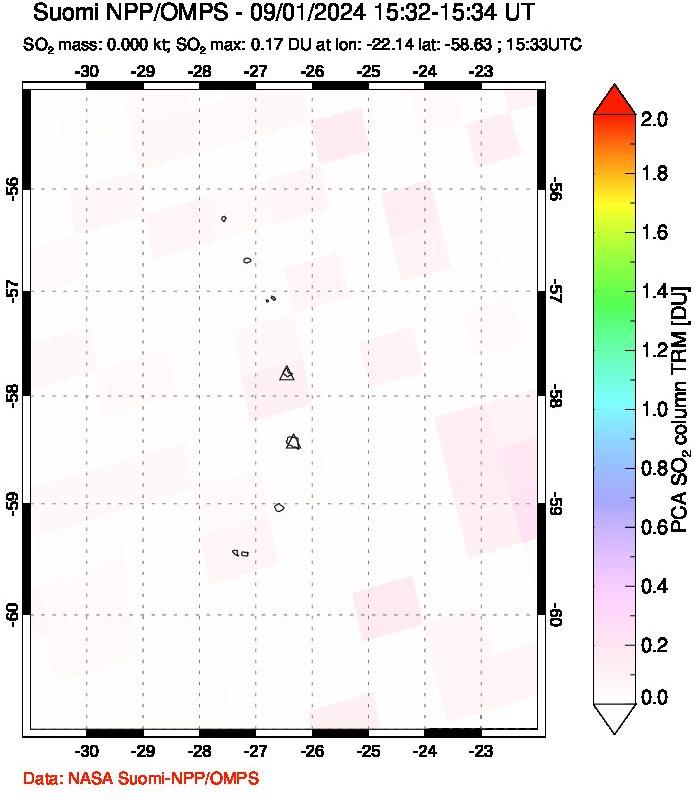 A sulfur dioxide image over South Sandwich Islands, South Atlantic on Sep 01, 2024.