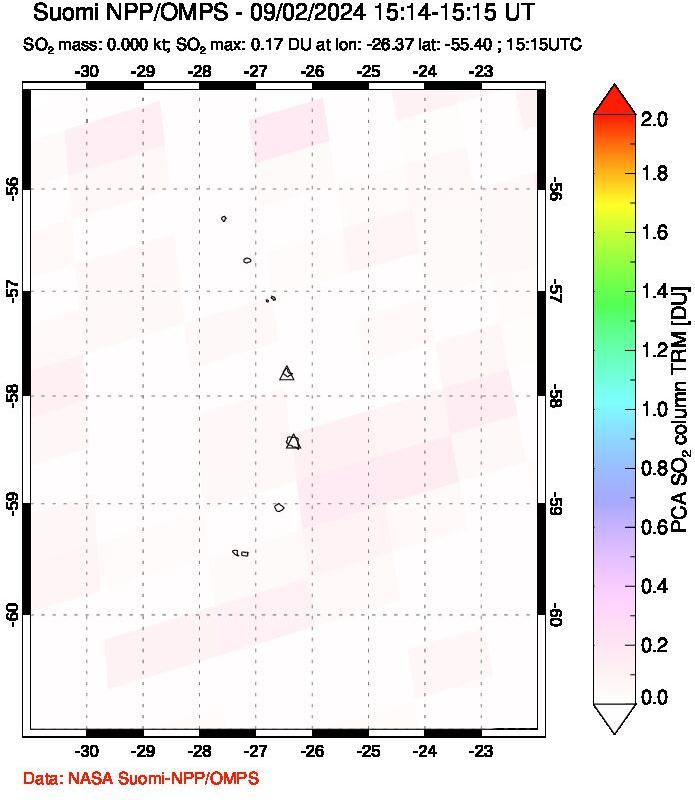 A sulfur dioxide image over South Sandwich Islands, South Atlantic on Sep 02, 2024.