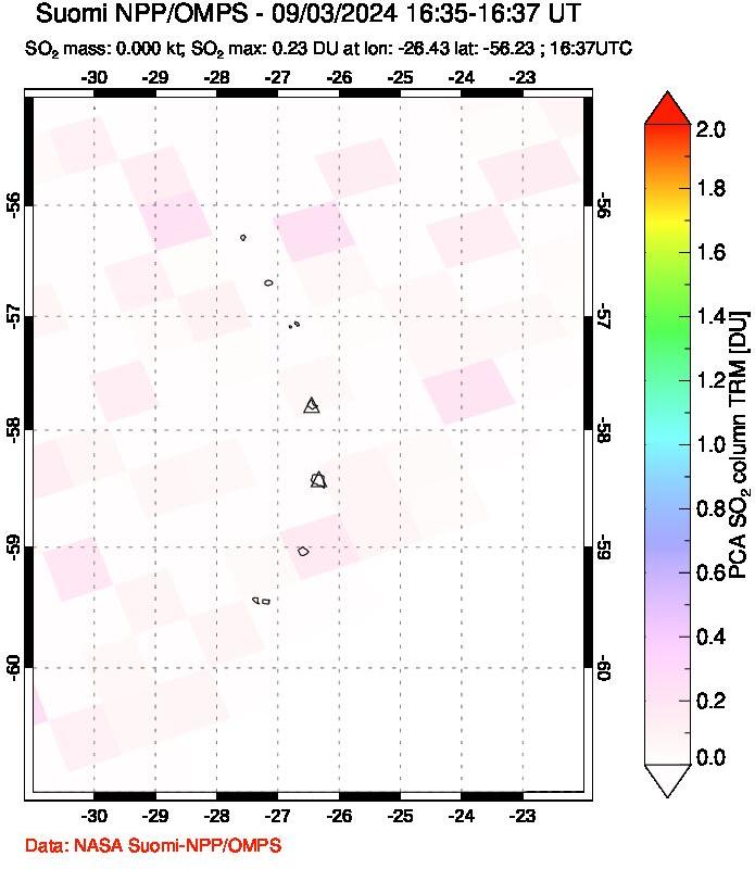 A sulfur dioxide image over South Sandwich Islands, South Atlantic on Sep 03, 2024.