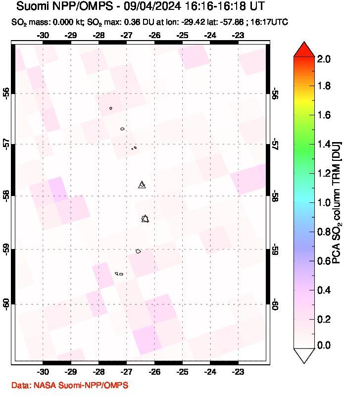 A sulfur dioxide image over South Sandwich Islands, South Atlantic on Sep 04, 2024.