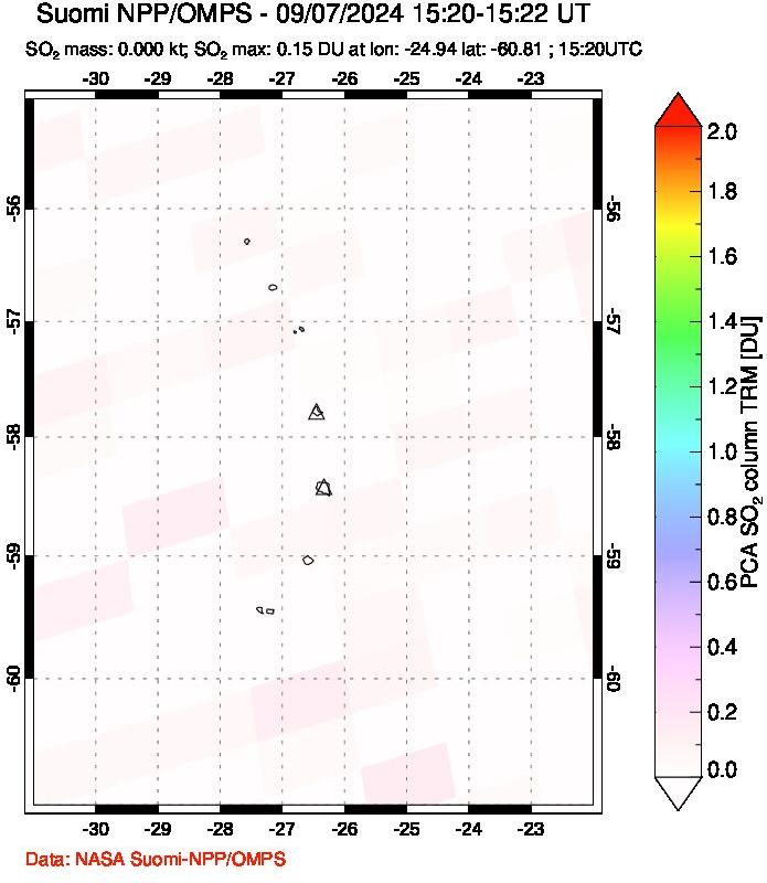 A sulfur dioxide image over South Sandwich Islands, South Atlantic on Sep 07, 2024.