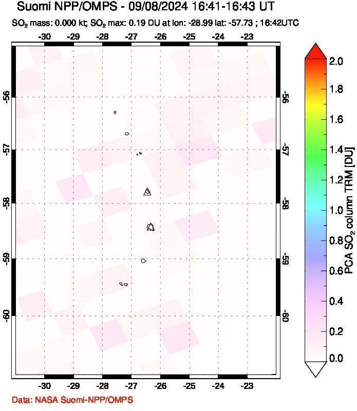 A sulfur dioxide image over South Sandwich Islands, South Atlantic on Sep 08, 2024.