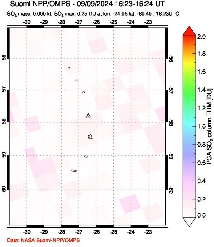 A sulfur dioxide image over South Sandwich Islands, South Atlantic on Sep 09, 2024.