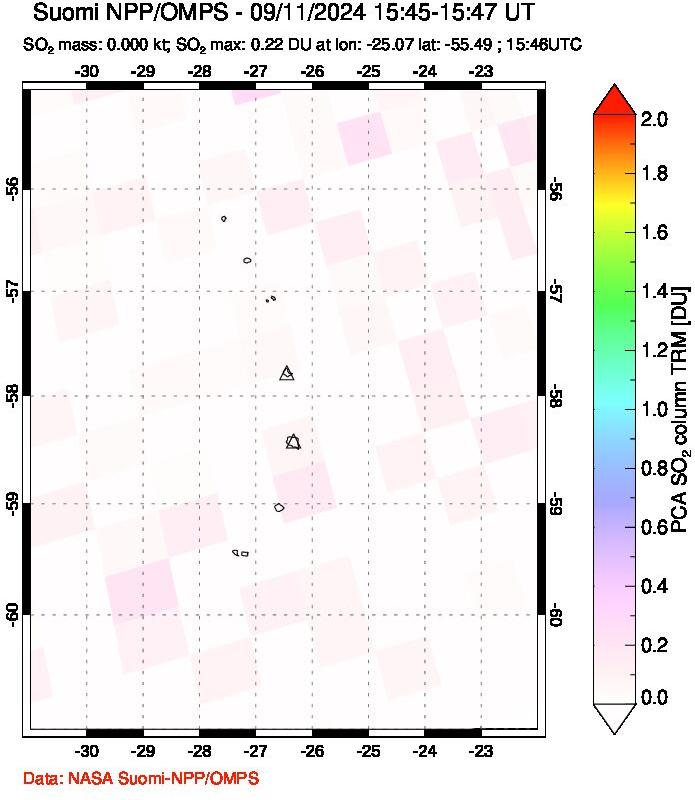 A sulfur dioxide image over South Sandwich Islands, South Atlantic on Sep 11, 2024.