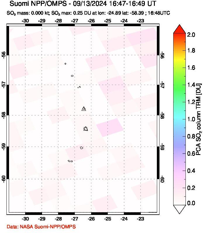 A sulfur dioxide image over South Sandwich Islands, South Atlantic on Sep 13, 2024.