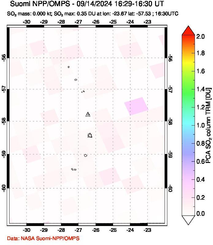 A sulfur dioxide image over South Sandwich Islands, South Atlantic on Sep 14, 2024.