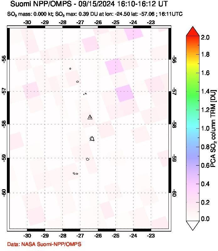 A sulfur dioxide image over South Sandwich Islands, South Atlantic on Sep 15, 2024.