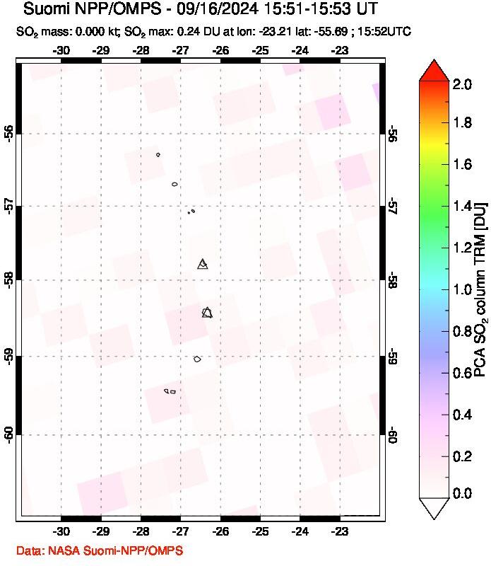 A sulfur dioxide image over South Sandwich Islands, South Atlantic on Sep 16, 2024.