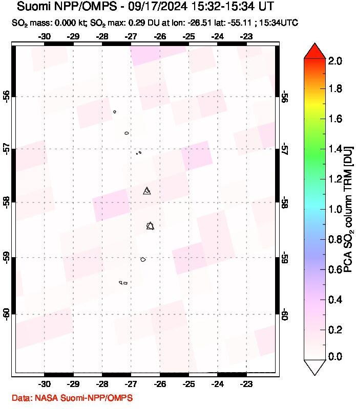 A sulfur dioxide image over South Sandwich Islands, South Atlantic on Sep 17, 2024.