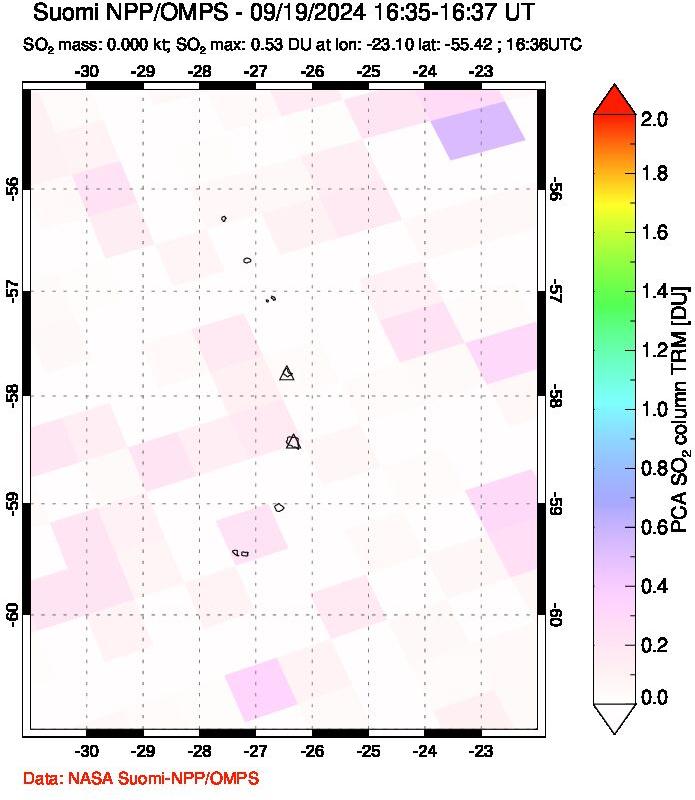 A sulfur dioxide image over South Sandwich Islands, South Atlantic on Sep 19, 2024.