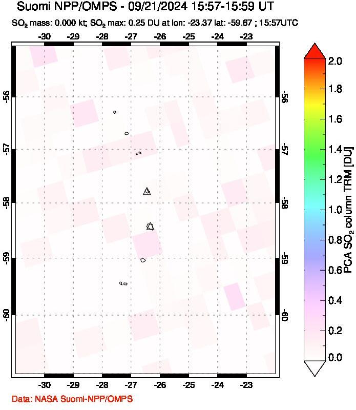 A sulfur dioxide image over South Sandwich Islands, South Atlantic on Sep 21, 2024.