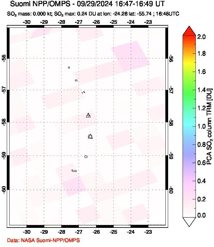 A sulfur dioxide image over South Sandwich Islands, South Atlantic on Sep 29, 2024.