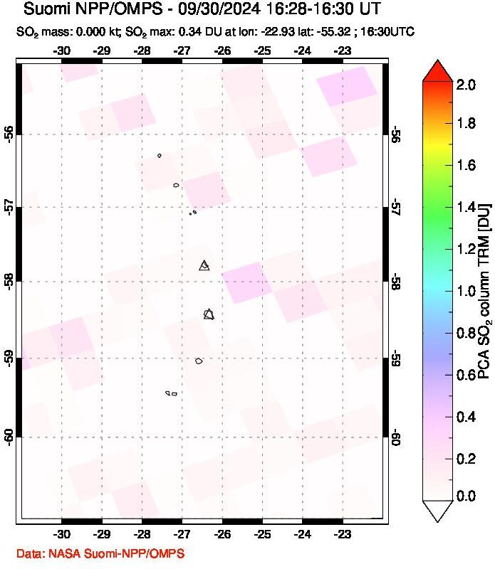 A sulfur dioxide image over South Sandwich Islands, South Atlantic on Sep 30, 2024.