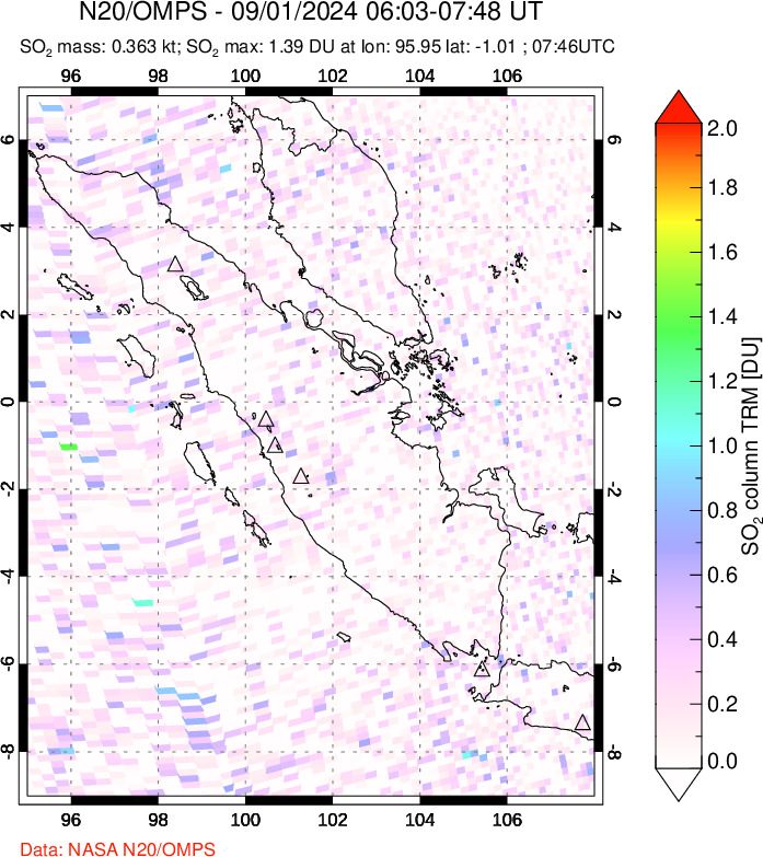 A sulfur dioxide image over Sumatra, Indonesia on Sep 01, 2024.