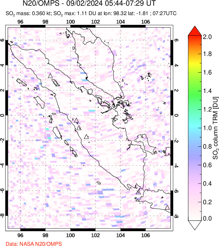 A sulfur dioxide image over Sumatra, Indonesia on Sep 02, 2024.