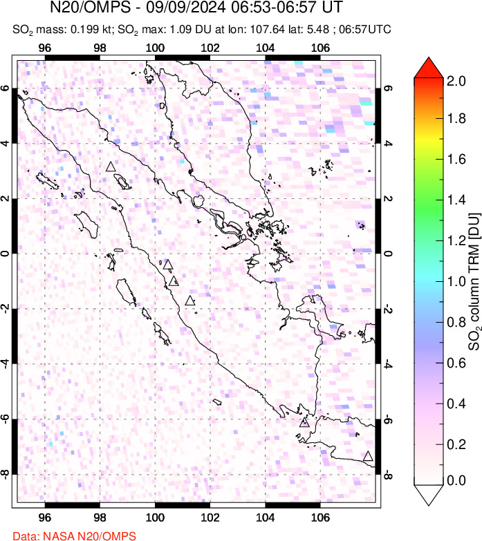 A sulfur dioxide image over Sumatra, Indonesia on Sep 09, 2024.