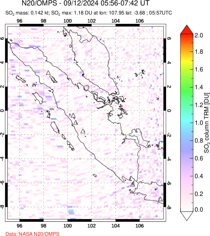 A sulfur dioxide image over Sumatra, Indonesia on Sep 12, 2024.