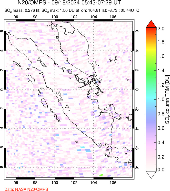 A sulfur dioxide image over Sumatra, Indonesia on Sep 18, 2024.