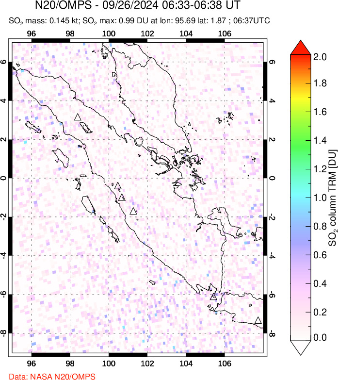 A sulfur dioxide image over Sumatra, Indonesia on Sep 26, 2024.