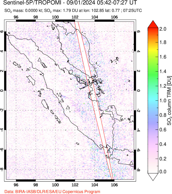 A sulfur dioxide image over Sumatra, Indonesia on Sep 01, 2024.