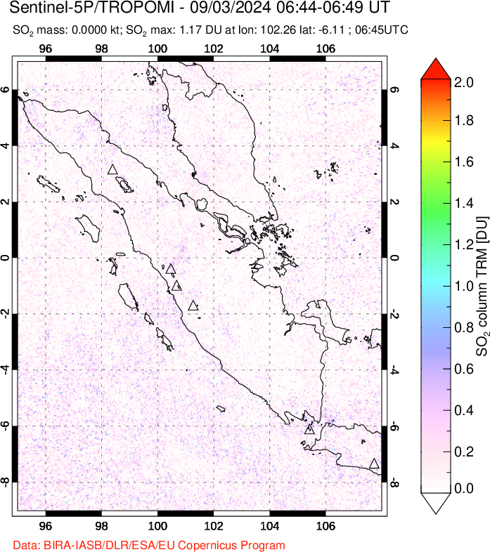 A sulfur dioxide image over Sumatra, Indonesia on Sep 03, 2024.