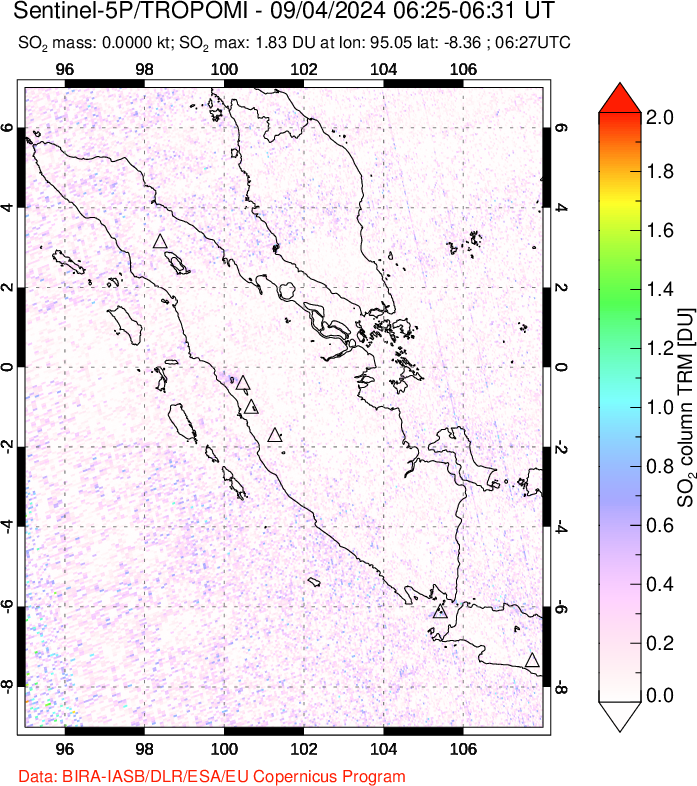 A sulfur dioxide image over Sumatra, Indonesia on Sep 04, 2024.