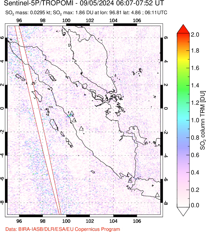 A sulfur dioxide image over Sumatra, Indonesia on Sep 05, 2024.