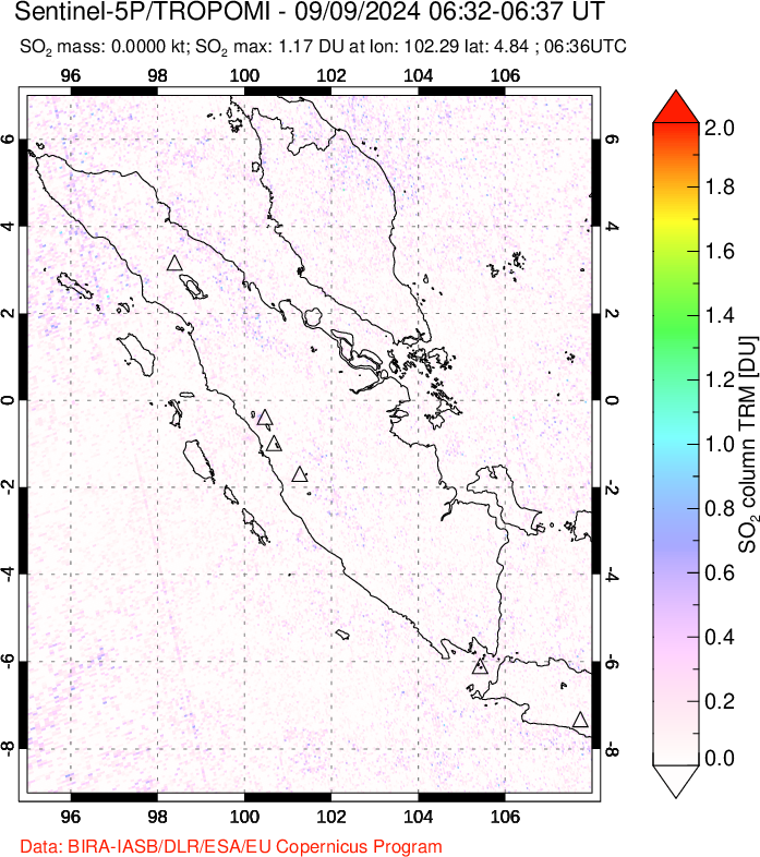 A sulfur dioxide image over Sumatra, Indonesia on Sep 09, 2024.