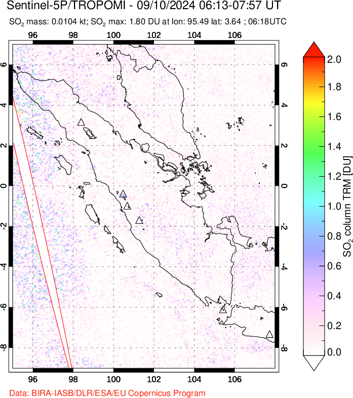 A sulfur dioxide image over Sumatra, Indonesia on Sep 10, 2024.