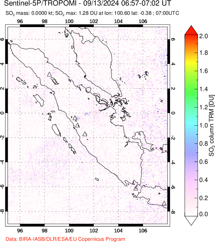 A sulfur dioxide image over Sumatra, Indonesia on Sep 13, 2024.