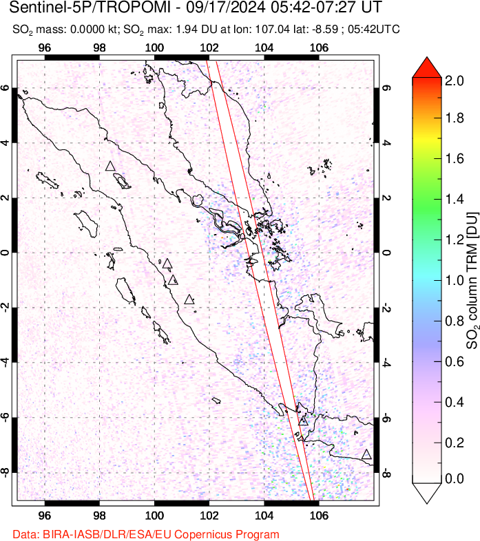 A sulfur dioxide image over Sumatra, Indonesia on Sep 17, 2024.