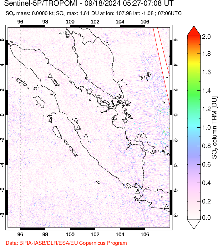 A sulfur dioxide image over Sumatra, Indonesia on Sep 18, 2024.